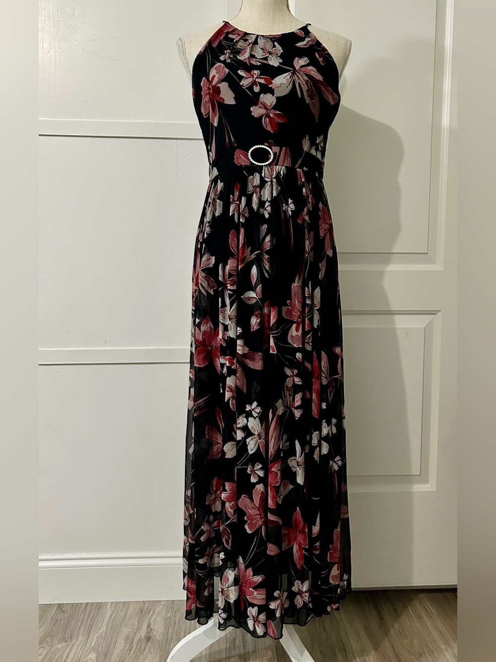 Alexa B. Nites Halter Floral Maxi Dress - Black Pink Mesh Overlay - Size 4P